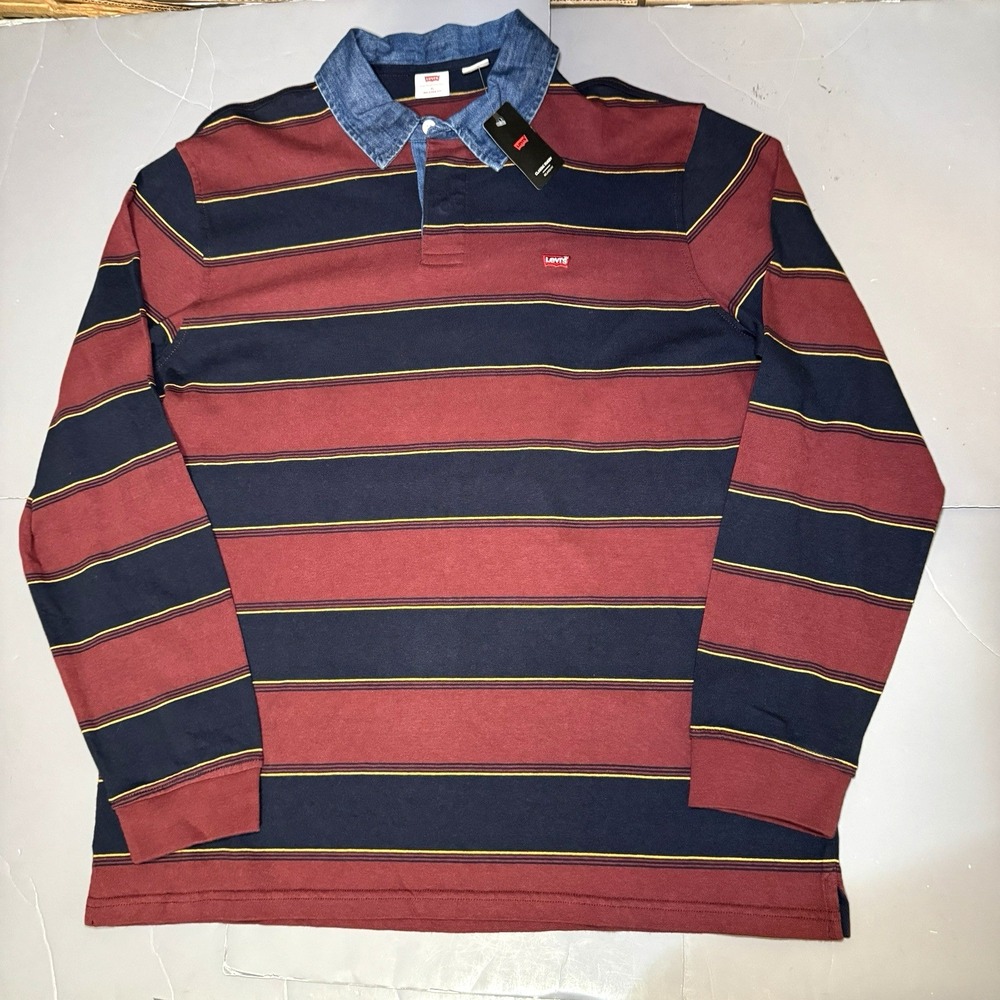 Levis Rugby Shirt Men XL Blue Red Striped Denim Collar Preppy Collegiate New